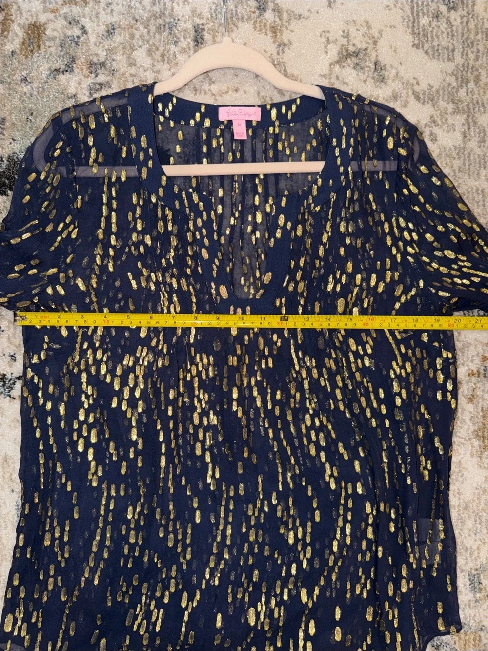 Lilly Pulitzer True Navy Gold Bubble Clip Dot Jacquard Blouse Top